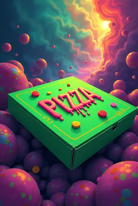 A psychedelic drawing of a green pizza box, written pizza with dripping font, and the colorful melted background