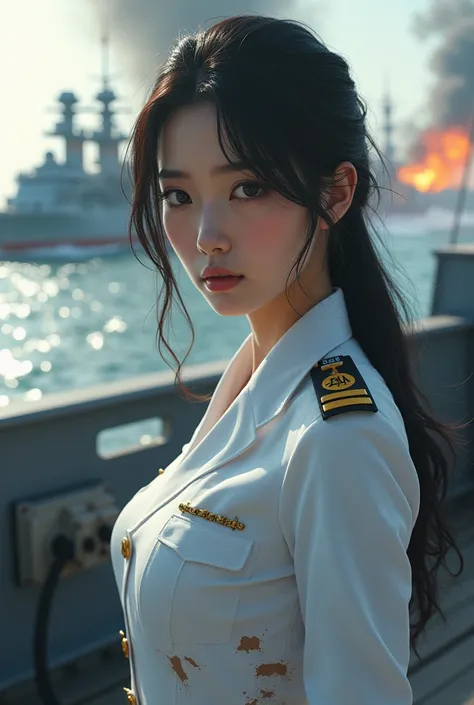 Photo-realistic, ultra-realistic, (very beautiful Japanese, famous Japanese idol but naval commander:1.3), wearing a tight fitting white naval uniform, dynamic angle, on a large battleship, ready to battle, monitoring enemy ships, (painful expressions:1.5)...