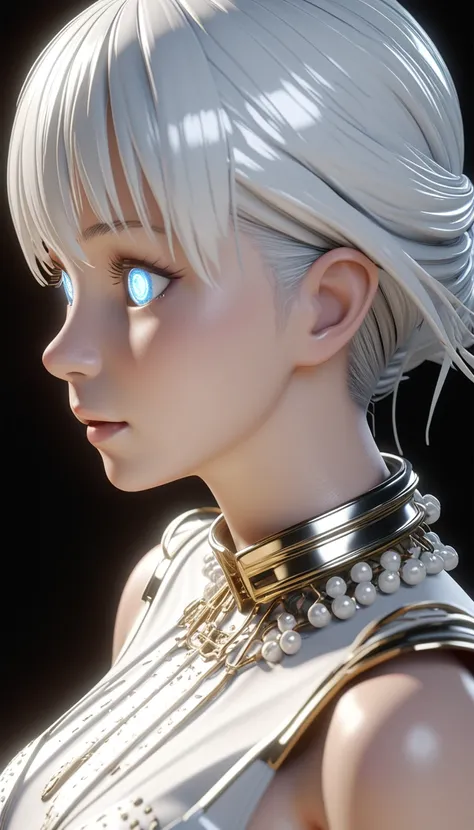 Highest quality,A perfect masterpiece,Perfect artwork,Official Works,8k,, (Upper body portrait:1.3),((View from the side:1.5)),Close-up lens,Delicate face,, ,White Haired Girl,(hakuhatsu:1.5),Short and medium hair,((White, clear eyes:1.5)),(White Dress:1.2...