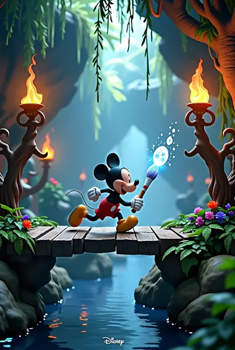 image in fullhd resolution of mickey mouse running on a wooden bridge with a magic wand in the shape of a brush, ice coming out of the wand in a scene with statues with torches hanging in the shape of roots with vines on the ceiling of the cave with flower...