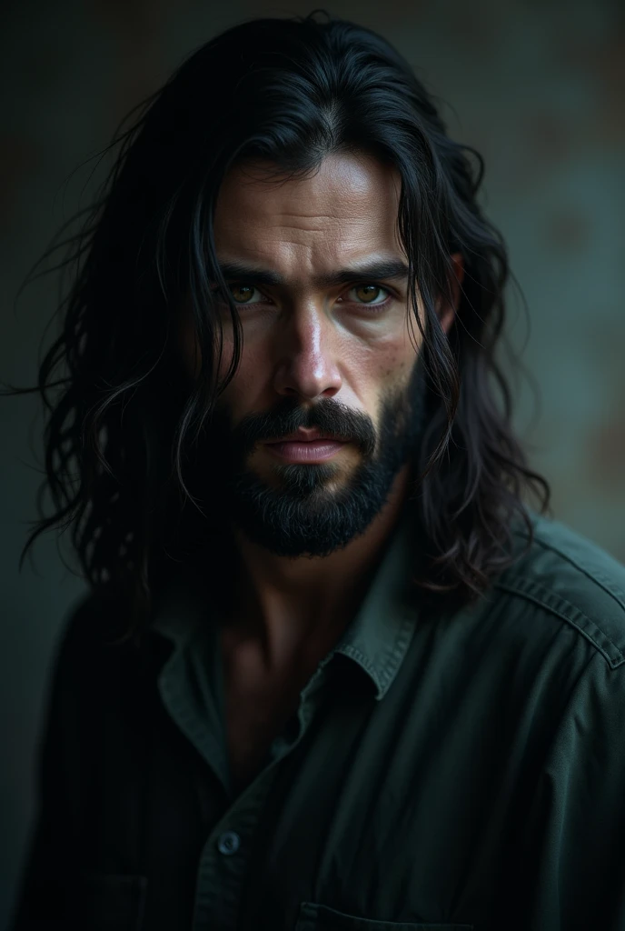 a man of 30, long black hair, melancholy, looking ahead with a lost and hopeless gaze, looking at the camera,  sem beard, looking like uncle orochinho 