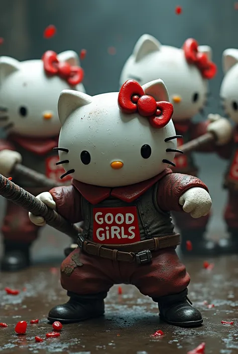 Four Hello kitty in a battle with weapons I don&#39;t want them cute I want shots and I want a phrase written on the front Good girls