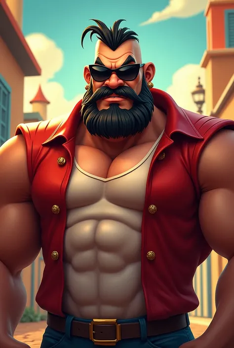 Popeye&#39;s Brutus, robust with aviator glasses, black and white hair combed back, short black and white beard , with rings in the ears, disney style in color, front image