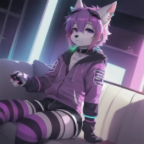 High Resolution, Best Quality, solo, Femboy, Neon, neon background, Earrings, Horns, grey, pink and purple fur, kemono furry, short hair, dyed hair, fluffy tail, collar, tech wear, casual clothes, shorts, arm warmers, striped black thigh highs, gothic, hai...