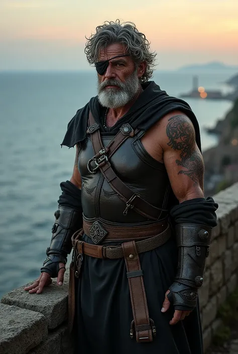 A medieval warrior with an eye patch, dark guardian of a coastal town, posing on top of the wall with the sea in the background, In the midst of twilight.
He has curly hair, gray gray.
face with scars, and a mischievous smile.
arms on display, with celtic ...