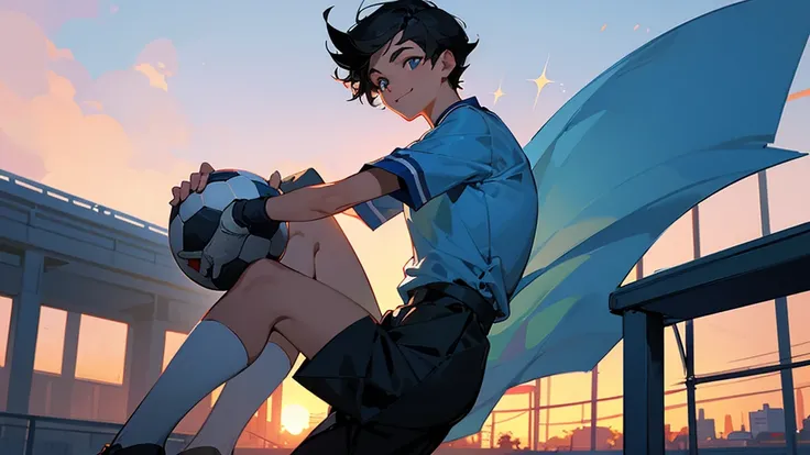 A very cool high school boy wearing a soccer uniform with his school logo on it、Holding a soccer ball in your hand、smile、Black Hair、Short Hair、Blue sparkling eyes、Schoolyard、Goalposts with netting、Sunset、You can see the school building in the background、On...