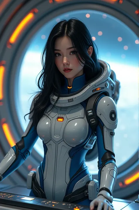 Black hair girl wearing a spacesuit in a spaceship