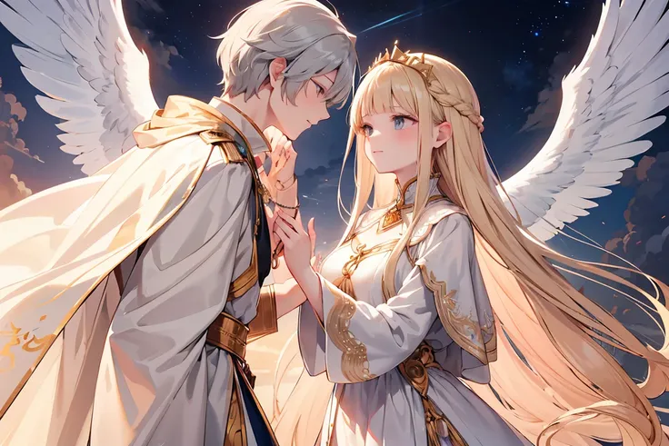 A heavenly scene inspired by Dantes "Divine Comedy," depicting Beatrice, the ethereal guide leading Dante to heaven. Beatrice has long, flowing golden hair, shining with a soft, divine light. She is dressed in a white, flowing gown adorned with intricate, ...