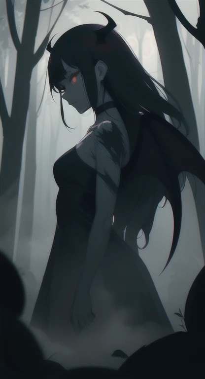 Foggy Forest, ancient creature, demonic silhouette, fairy shadow figure, red eyes, eyes in the fog, rotting, looking dead, torn wings, 