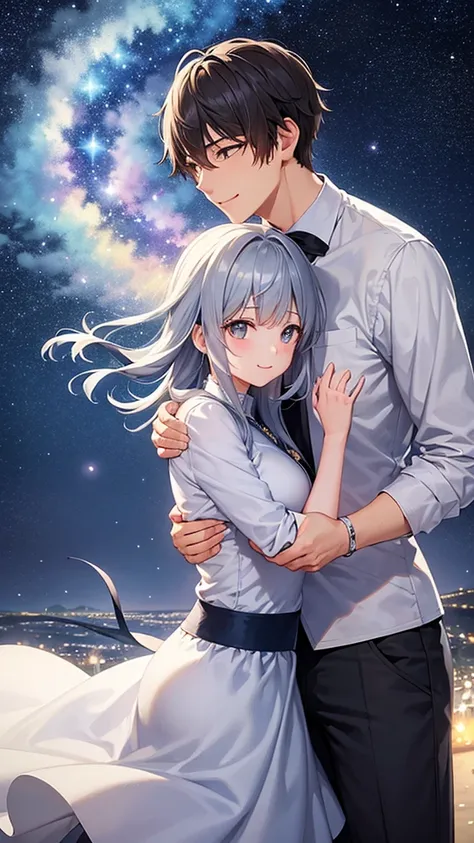 Handsome、cute、beautiful、Gray Hair、Young couple、Top quality、masterpiece、Highest quality、smile、bright、Background Magnificent starry sky、Hugging each other、Landscape painting、background、nostalgia、background、Summer night sky、