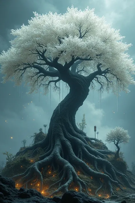 The Magic World Tree, with black trunks and branches, white sheets, its roots have a world.