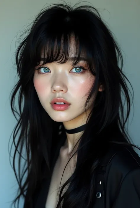 Korean blue eyes, black hair, long with rocker style realistic photos 