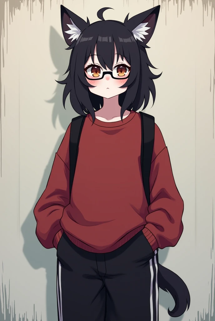   girl, black fur, White skin, black glasses, Blush on nose and cheeks pink and blurry, dark red loose sweatshirt, wide black pants with white stripes on the side of the pants, black shoes, black backpack, He has his hands in his pants pockets., neutral or...