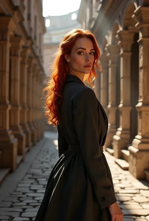 Full body, breathtaking beautiful redhead woman, looking at the viewer, detailed beautiful eyes and lips, long eyelashes, wearing custom-made dark gray womens suit, skirt, she is inside the colosseum in Italy, dramatic lighting, detailed intricate architec...