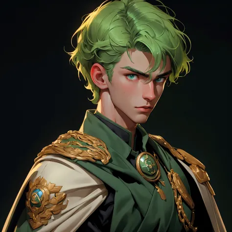 envision a 8k, highres, semi realistic cinematic close up portrait of a slender boy named Elan Ceres with a muscular body, Clean Shaved, shaggy green hair, and Military Uniform, Cape, against a dark gray background