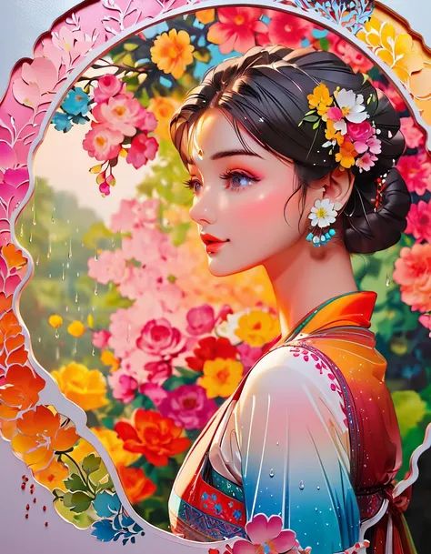 (((How to cut paper))), (The frame of the illustration is a 3D paper cut: 1.2), (Random Fashion), (Random Angle), (Random Hairstyles), (Random hair color), (Random hair length), 1 girl, indian ethnic dress, rainbow, rain, Unclear