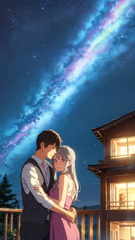 Handsome、cute、beautiful、Gray Hair、Young couple、Top quality、masterpiece、Highest quality、smile、bright、Background Magnificent starry sky、Hugging each other、Landscape painting、background、nostalgia、background、Summer night sky、