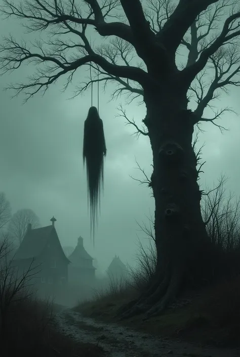 "A lifeless body hangs from a tall, gnarled tree at dawn, just outside a haunted village. The sky is a dull, overcast gray, and the village looms eerily in the background. The scene is silent and still, with the wind gently swaying the body, creating a hau...