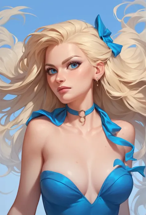  Emily, young woman, slim. long blonde hair wearing a beautiful long blue party dress. It has a serious expression. 