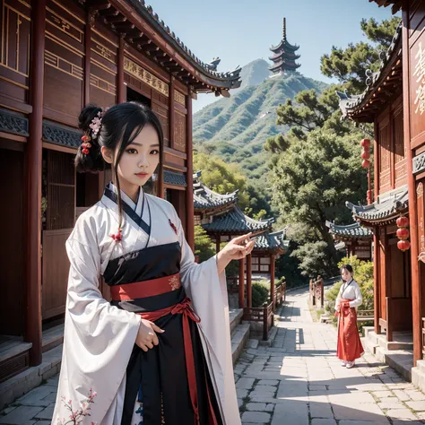 Beautiful girl ,Wearing gorgeous Hanfu, Chinese style building, landscape