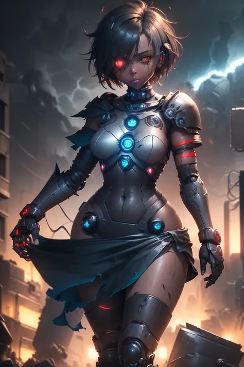 1girl, Female robot, superheroine, (((damaged android girl))), (((rusted))), burned, (((battle damage))), ((((mising left arm)))), (((exposed endoskeleton)), teenager, (((black with red accents extremely damage robotic cyber armor))), (blue ripped cape), (...