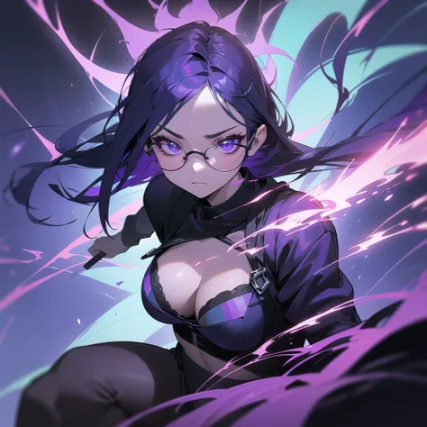 Black fire particles, purple fire particles, blue fire particles, purple and blue background, the girl wearing black bra and glasses, purple light shader, blue light shader, dark style, glowing blue and purple flames,  undefined, undefined, undefined, unde...