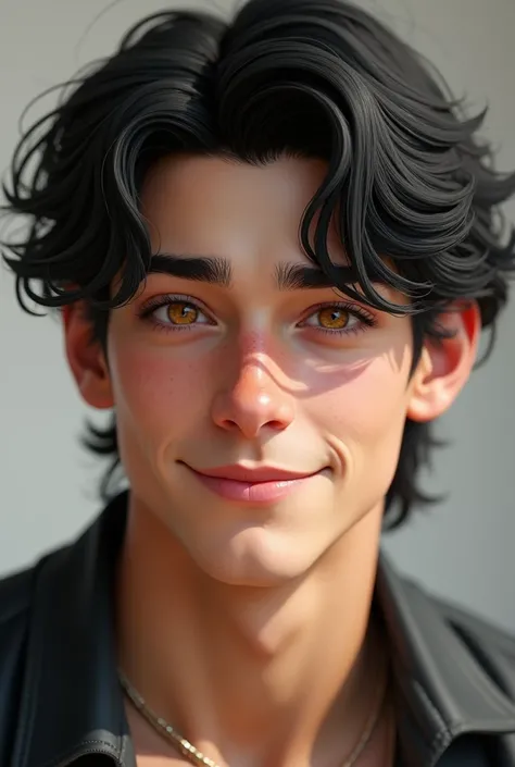 A very masculine boy with very shiny honey-colored eyes, White skin, with freckles, happy, very long eyelashes, wavy black hair, beardless and very handsome