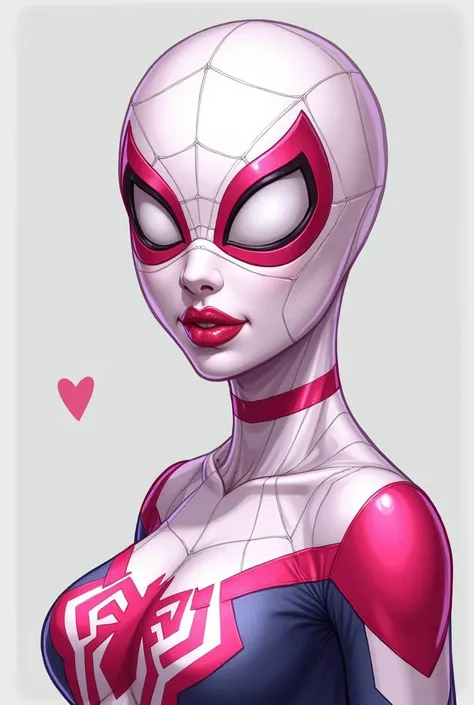 Draw the shoulder part up of Spidergwen with her original pink and white costume and her full mask on that covers her entire face making a kissy face without the red lips from her mask with a gray background 