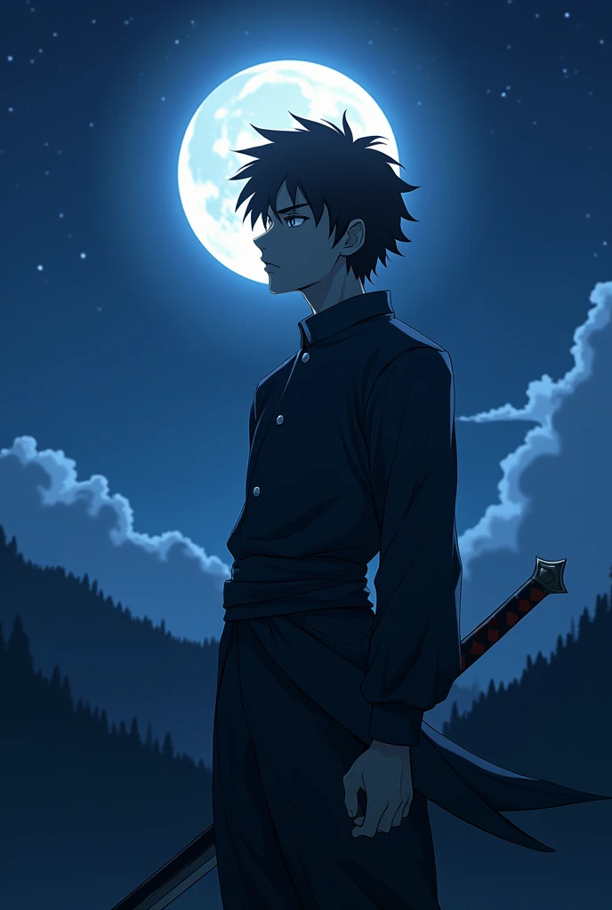 Tanjiro Kamado from the anime Demon Slayer in front of a moon on a starry night 