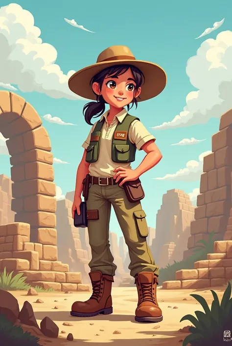 A pixel art of a cute archaeologist In 2D pixel