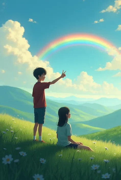 there is their shadow(a boy and a teenage girl) one is standing while pointing his finger at the rainbow and the other is sitting looking at the rainbow in a moist open field high on a hill.It was humid after the rain