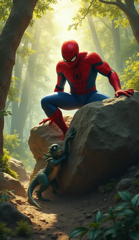 Spiderman using all his strength, pushes the large rock to free the little dragon. The dragon is half out from under the rock, looking hopeful. The scene is set in the same lush green forest with sunlight filtering through the trees."