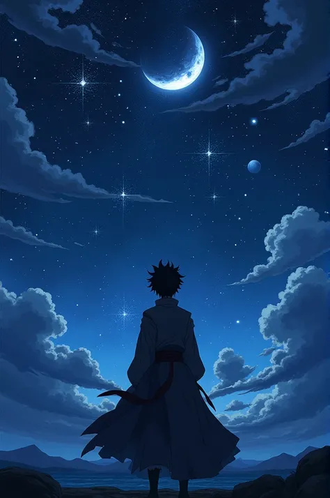 O personagem do anime demon slayer, chamado Tanjiro kamado, in front of a night with many stars and a beautiful moon 