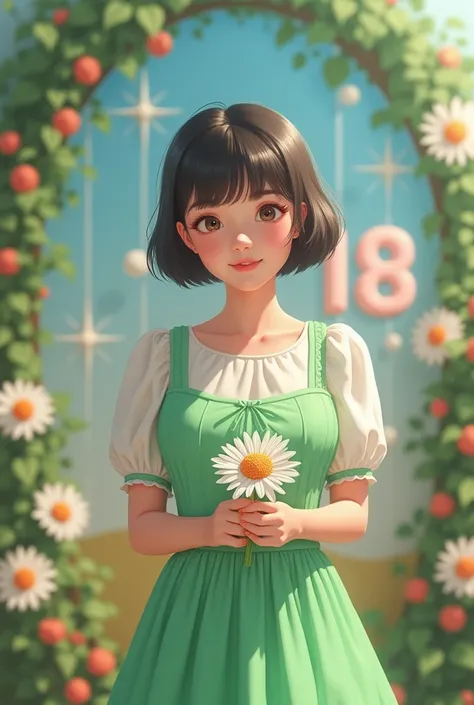 Babaeng maiksi ang buhok na nakasoot nang dress na kulay green na pang birthdày sya ay may hawak na bulaklak na plastic daisy flower salikod nang babae may 18 nanakalagay