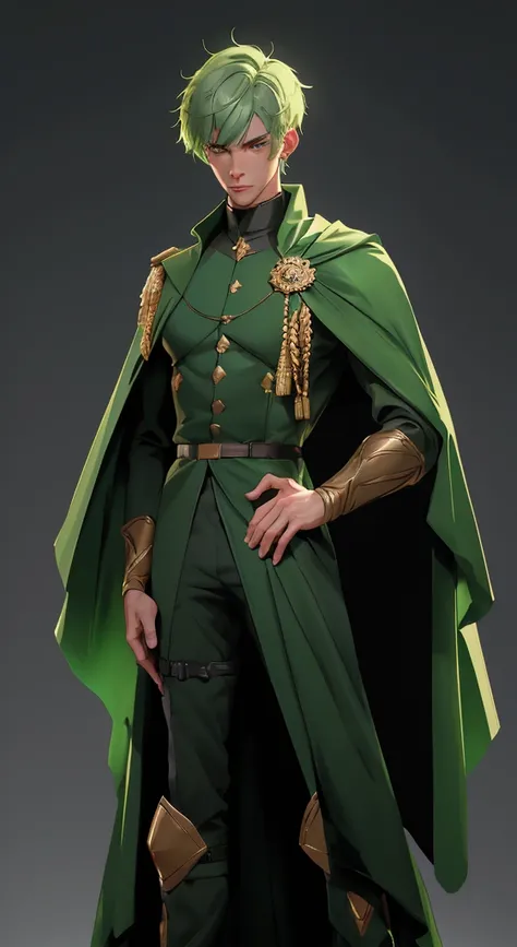 envision a 8k, highres, semi realistic cinematic full body concept art design sheet of a slender boy named Elan Ceres with a muscular body, Clean Shaved, shaggy green hair, and Military Uniform, Cape, against a dark gray background