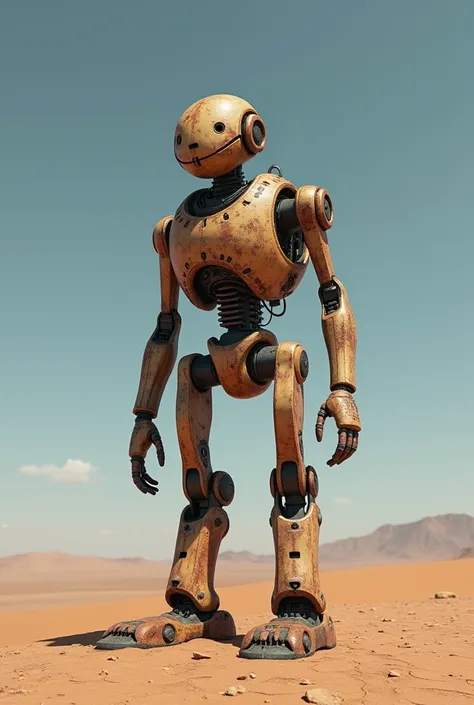 A wallpaper of a rusty robot in the desert