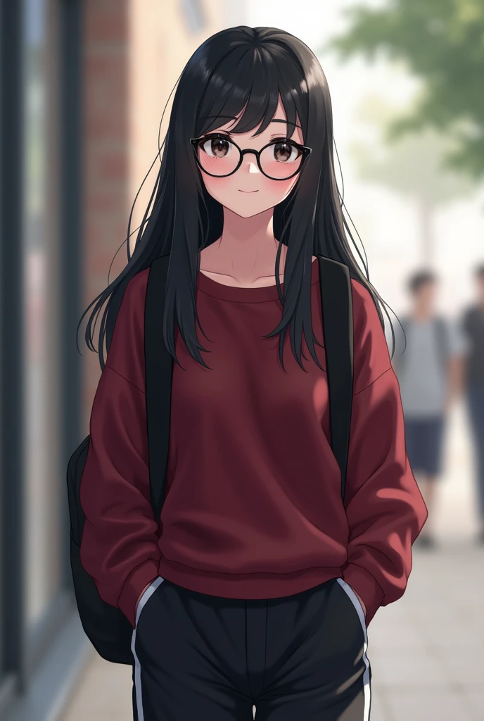  Girl, black hair, White skin, black glasses, Blush on nose and cheeks pink and blurry, dark red loose sweatshirt, wide black pants with white stripes on the side of the pants, black shoes, black backpack, He has his hands in his pants pockets., neutral or...