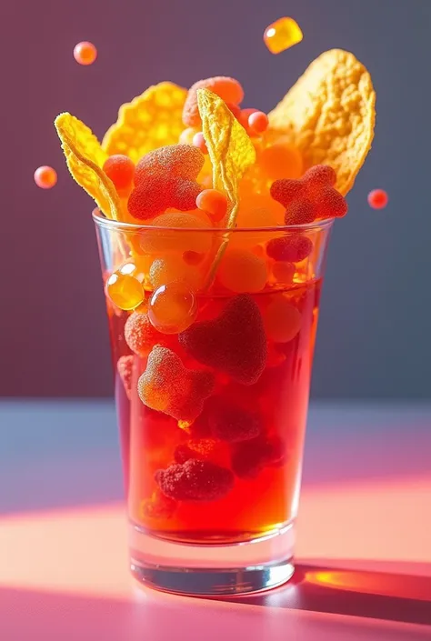 Make me a picture of a glass with spicy takis and gummies with chamoy and tajín 