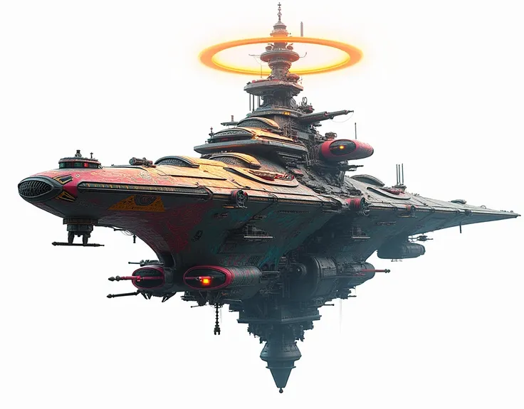 (best quality,ultra-detailed,realistic:1.37), A long giant heavily armored divine futuristic flying all terrain biomechanical space battleship covered in rainbow batik pattern and glowing javanese runic symbols, divine halo, multiple thrusters, multiple he...