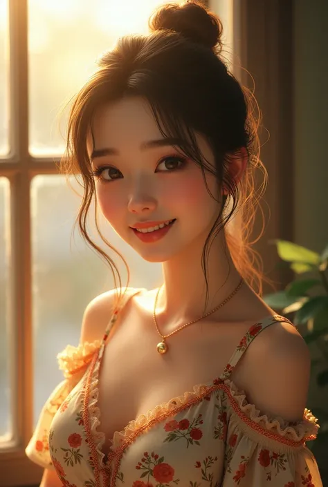 high-definition image, (((round face))), eyes realistic sizing, realistic skin, drooping eyes, smiling, ((various patterned feminine casual long dress)), (strong sunlight, old fashion), hair up, 