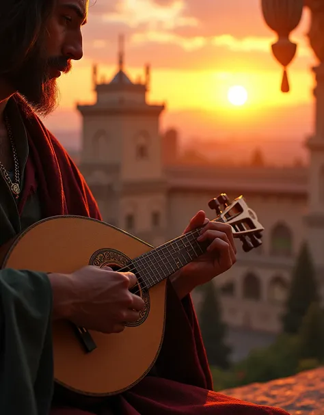 bards view , the Alhambra palace ,  front Alhambra palace, sunset, little cloud into sunlight, (super detail, high details, high quality, accurate, anatomically correct, textured skin, beautiful fingers super detail, high details, high quality, best qualit...