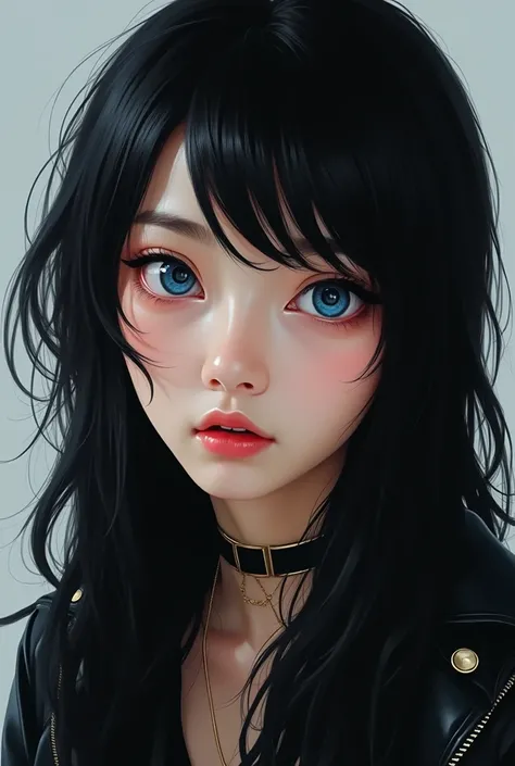 Korean with slanted blue eyes, black hair, long with rocker style realistic photos 