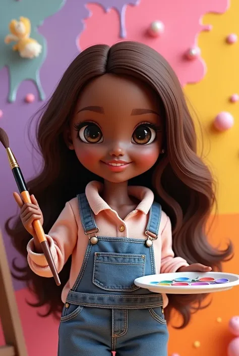 beautiful chubby black adult doll long brown hair in front of shoulders holding brushes in one hand and tita tray in other. background with splashes of lilac pink yellow and pumpkin paint . in front strict Cris Artes in a fusion of pink lilac and pumpkin c...