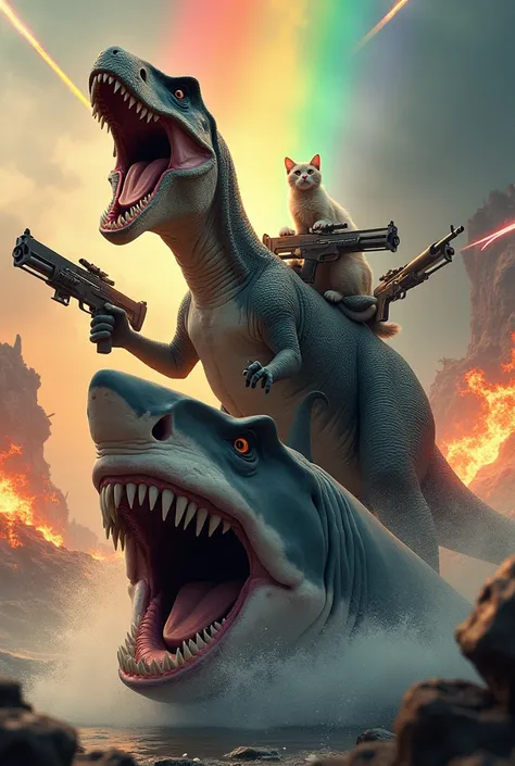 Dinosaur on top of a shark with guns and rainbow with explosions in the background and a cat shooting lasers from its eyes on top of the shark 