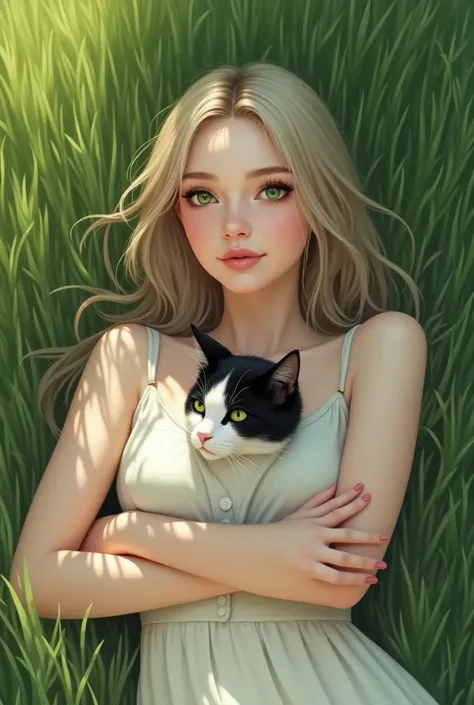 White woman round face , loose and straight light hair with green eyes lying on a green grass and a black and white cat on her chest
