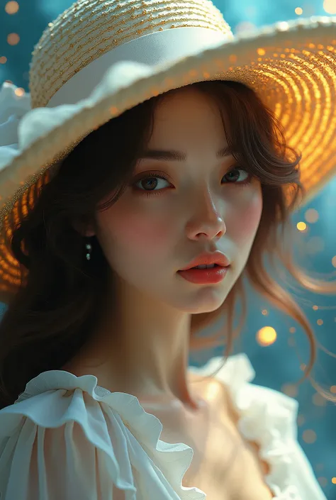 pretty brown hair woman with white wide brim hat, ruffle blouse cover front, alcohol ink splatter art, swirl, by Alberto Seveso,
super realism, super detail in 8K, 3D, depth of field, divine proportions,
intricate, cinematic, stunning atmosphere, fantastic...