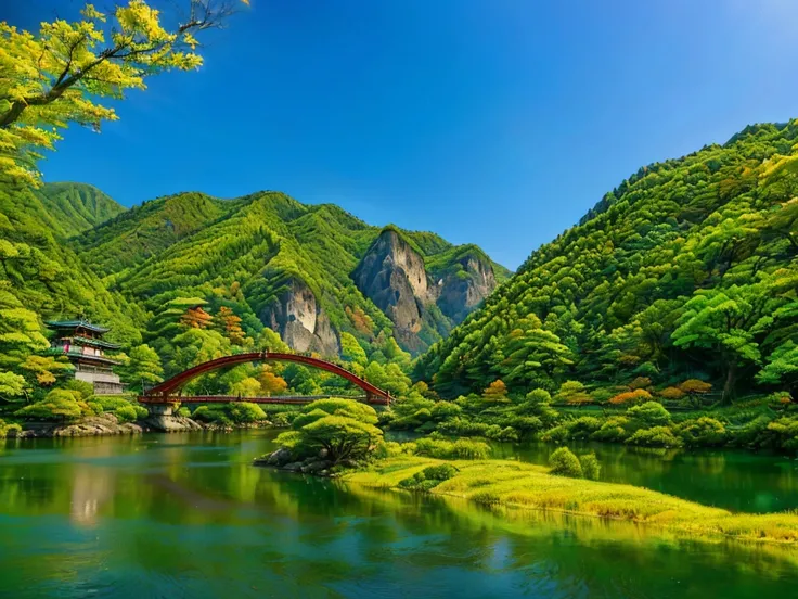 The Alafed Bridge over the river、The red bridge in the background, Mountains in Japan, Stained glass、Japanese countryside, aomori japan, Mountains Rivers Trees, beautiful iwakura, Fukuoka Prefecture, Rivers and trees々Yaoka, japanese torii in a moutain, Yam...