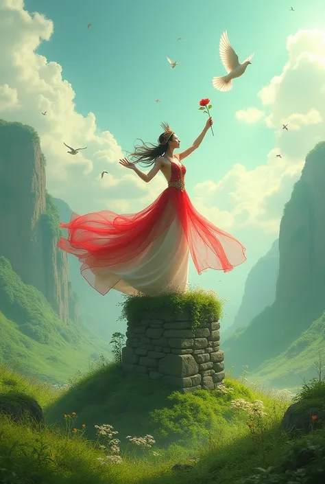 Photoshot of a beautiful woman wearing a red and white dress and wearing a mah kota is dancing on a stone tower in a green meadow and beautiful scenery while holding a flower. And many doves are flying