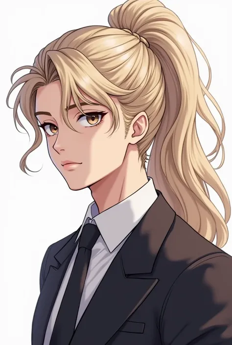 A German man with long, fluffy, tied-up hair. He is handsome, has fair skin, and wears a suit. He is a Korean anime drawing.