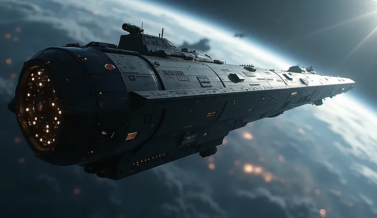 Create a hyper-realistic, ultra-high-definition cinematic scene of a futuristic war spacecraft approaching a massive planet, just about to enter its atmosphere. The spacecraft should be shown from a close-up perspective, focusing on the entire side of the ...